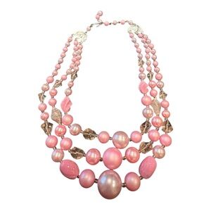 Vintage Stamped Japan Pink Bead Triple Strand Necklace Barbiecore